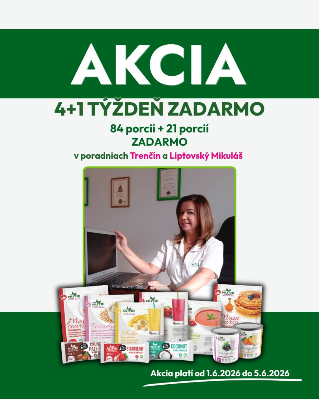 Promotional poster advertising 'AKCIA 4+1 TÝŽDEŇ ZADARMO' with a woman at a computer and Nutri product packets at the bottom/gallery edge.