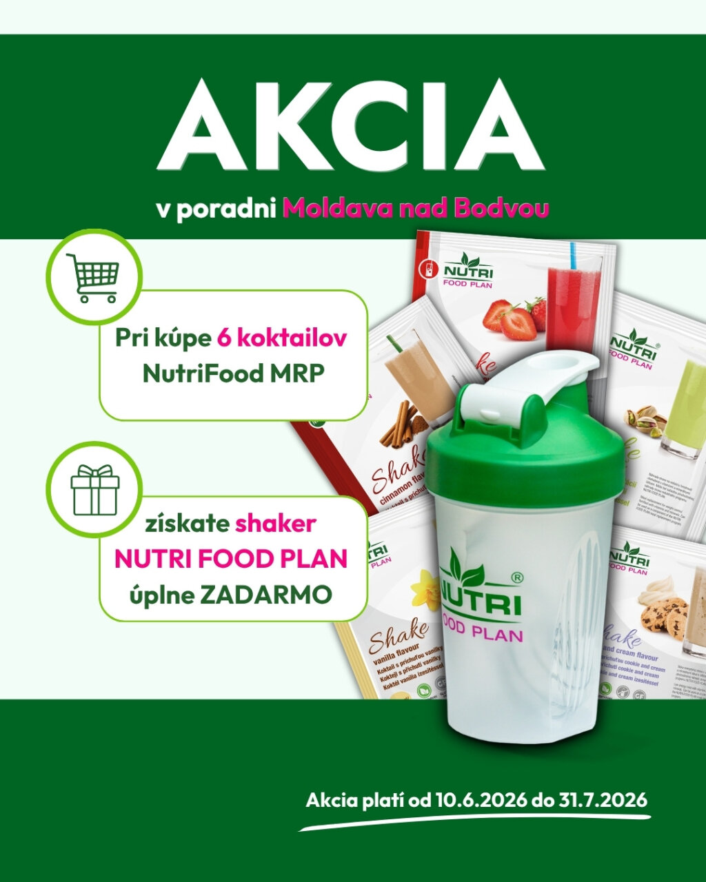 Promo poster advertising Nutri Food Plan: buy 6 cocktails to receive a free shaker; sale runs 10.06.2026–31.07.2026, featuring a green Nertri shaker and product packets.